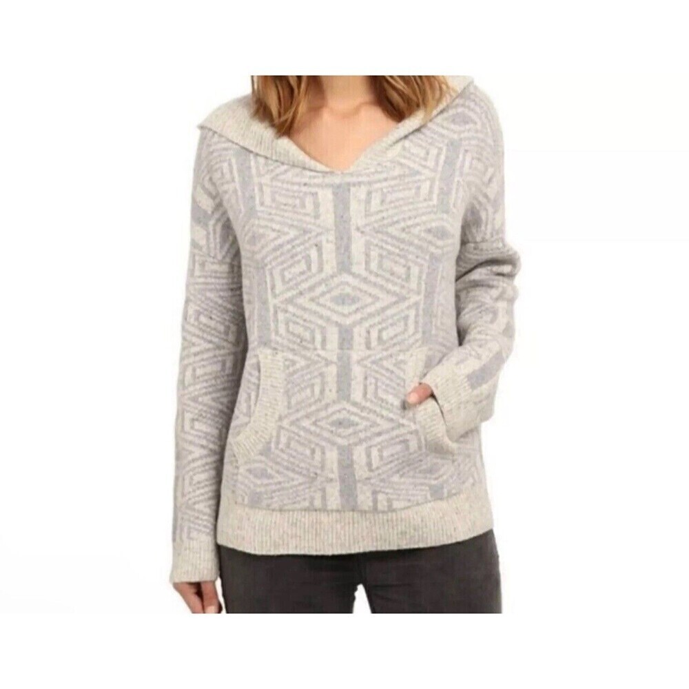 Free People Wool Blend V-neck Sweater womens Size Large Gray White Hooded